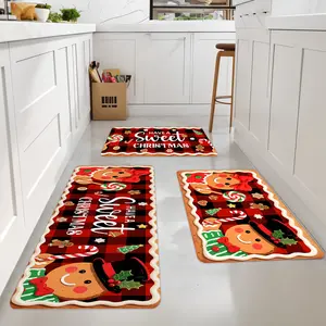 3-Piece Christmas Kitchen Mat Set Flannel Anti-Fouling Non-Slip Gingerbread Man Train Candy Patterns for Bedroom Living Room Party Decorations