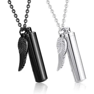 FINREZIO 2Pcs Stainless Steel Memorial Keepsake Pendant with Angel Wing Charm Necklace Cylinder Cremation Urn Necklace for Ashes Cremation Jewelry