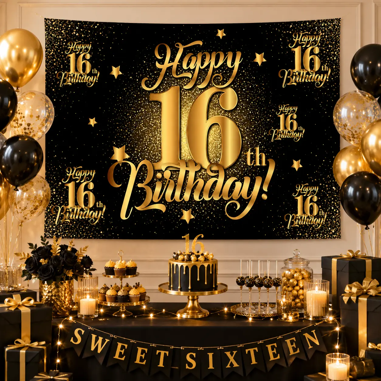 Sweet 16 Birthday Backdrop Tapestry, 16th Birthday Decorations for Girls Boys, Happy 16th Birthday Banner, Photo Booth Wall Decor Party Supplies