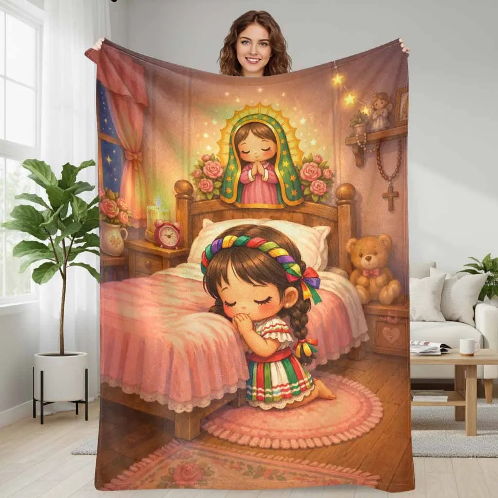 Polyester Lady of Guadalupe Flannel Blanket - Sacred Virgin Mary Floral Print, Flannel Texture, Ultra-Soft Lightweight Plush, Durable Breathable, Machine Washable, Multi-Size, All Seasons Living Room Decor Home Interior, Cozy Vibes Spiritual Faith Gift, G