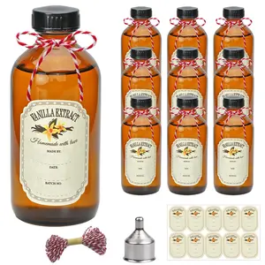 8oz Glass Vanilla Extract Bottles,10 Pack Round Amber Glass Boston Bottles with Caps ， Stickers and Funnel ，Applicable to Essential Oils, Wedding, Christmas
