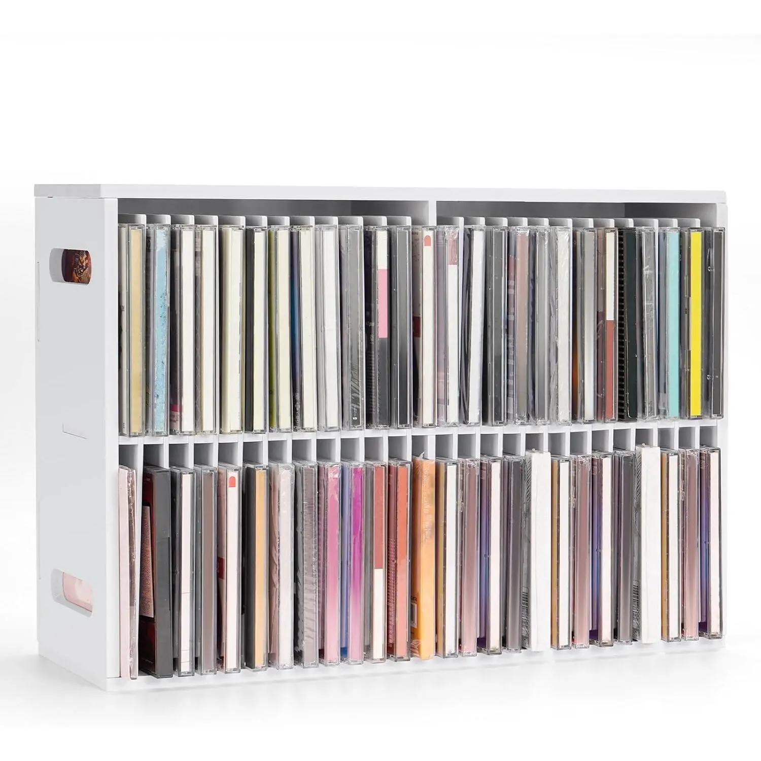 52-Slot Plastic CD Storage Holder with Handles, Lightweight Organizing Rack with Individual Slots, Wall-Mounted/Stackable Display Shelf for Theatre Room (52 CDs Capacity)