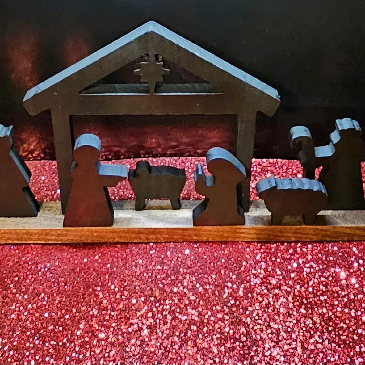 Wooden Christmas Nativity Scene - Early American Stained Bottom, Hand Painted Black Figures - 28 Inches Long