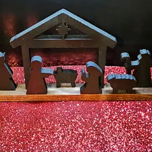 Wooden Christmas Nativity Scene - Early American Stained Bottom, Hand Painted Black Figures - 28 Inches Long