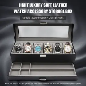 Luxury black artificial leather watch box, 6-slot storage organizer, cream interior, safety lock, desktop display box for men's and women's watches
