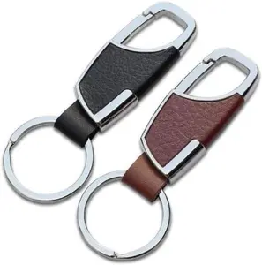 2PCS Stainless Steel Key Chain with Leather Heavy Duty Home Office Car Keychain with Key Ring Key Holder for Men and Women-Brown & Black