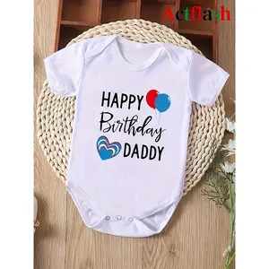 [Celebration Romper] Adorable "Happy Birthday Daddy" Cotton Romper for Baby Boys & Girls - Short Sleeve, Round Neck with Balloon & Heart Design, Machine Washable, Casual Style, Baby Romper, Perfect for Outdoor