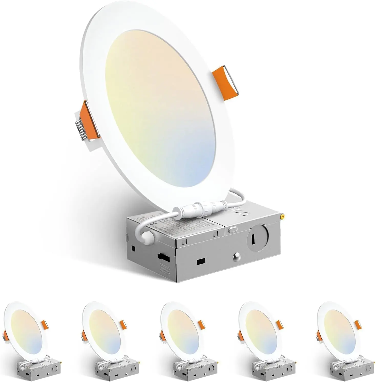 6 Pack 6 Inch LED Recessed Light with Junction Box, 5CCT, 1050LM, 12W |   2700K-5000K, 5%-100% Dimmable, 120V, White, Metal Housing, Ultra-Thin Canless Wafer Downlight, ETL, FCC, IC & Damp Rated