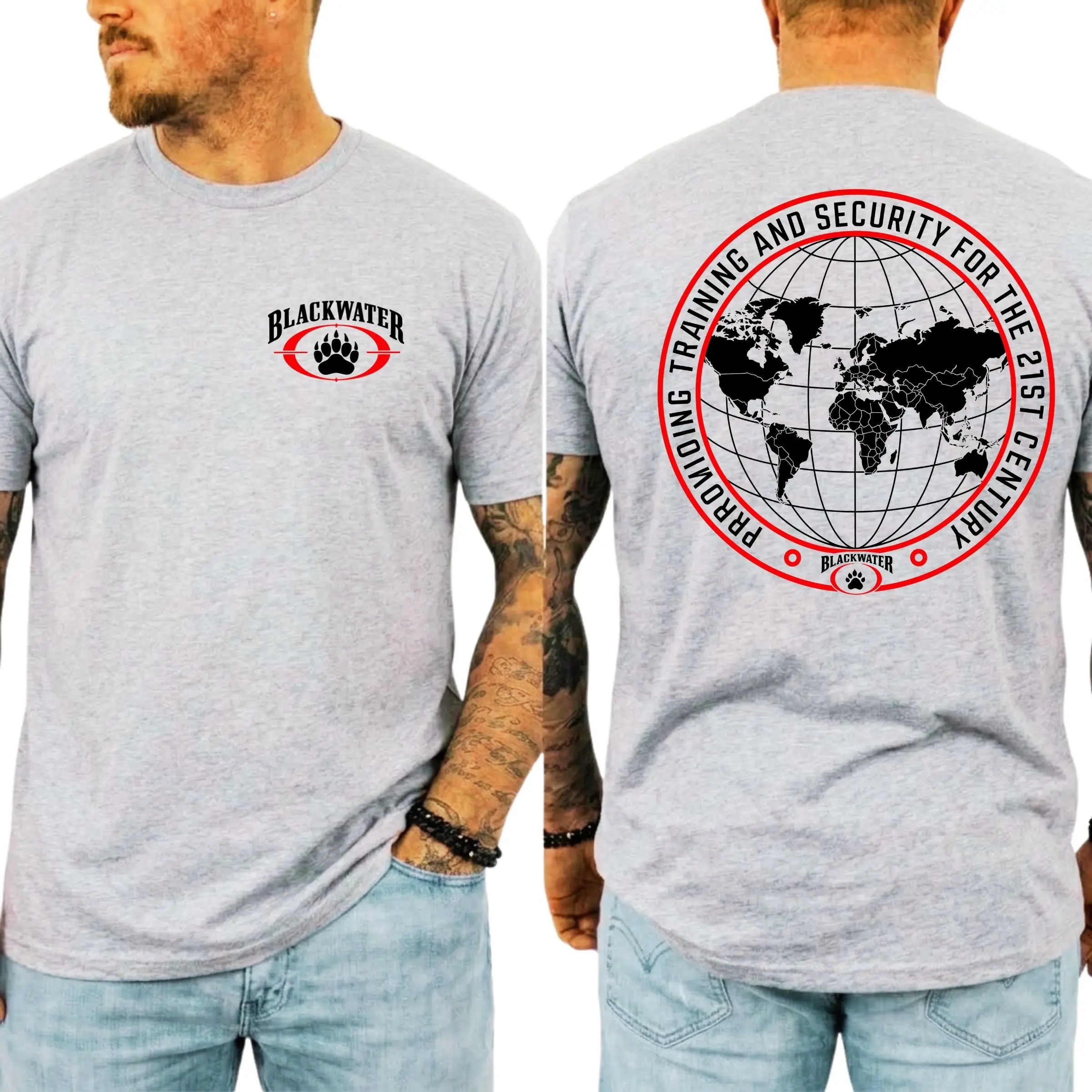 Blackwater Security Training Global Map Tactical T-Shirt, Military Contractor Graphic Tee, Bear Paw Logo Shirt, Tactical Apparel for Men