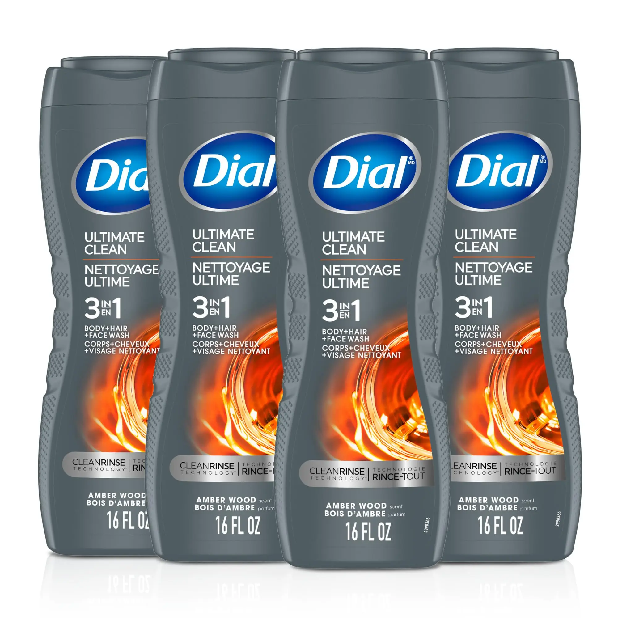 Dial Men 3 in 1 Body, Hair and Face Wash, Ultimate Clean, 16 Fl Oz, Pack of 4, Amber Woods Scent, Cleanses Deep + Gentle on Skin with Clean Rinse Technology