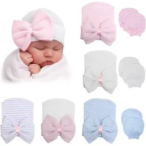 Newborn Baby Hat and Glove Set for Girls Soft Hospital Cap Anti-Scratch Mittens with Bowknot