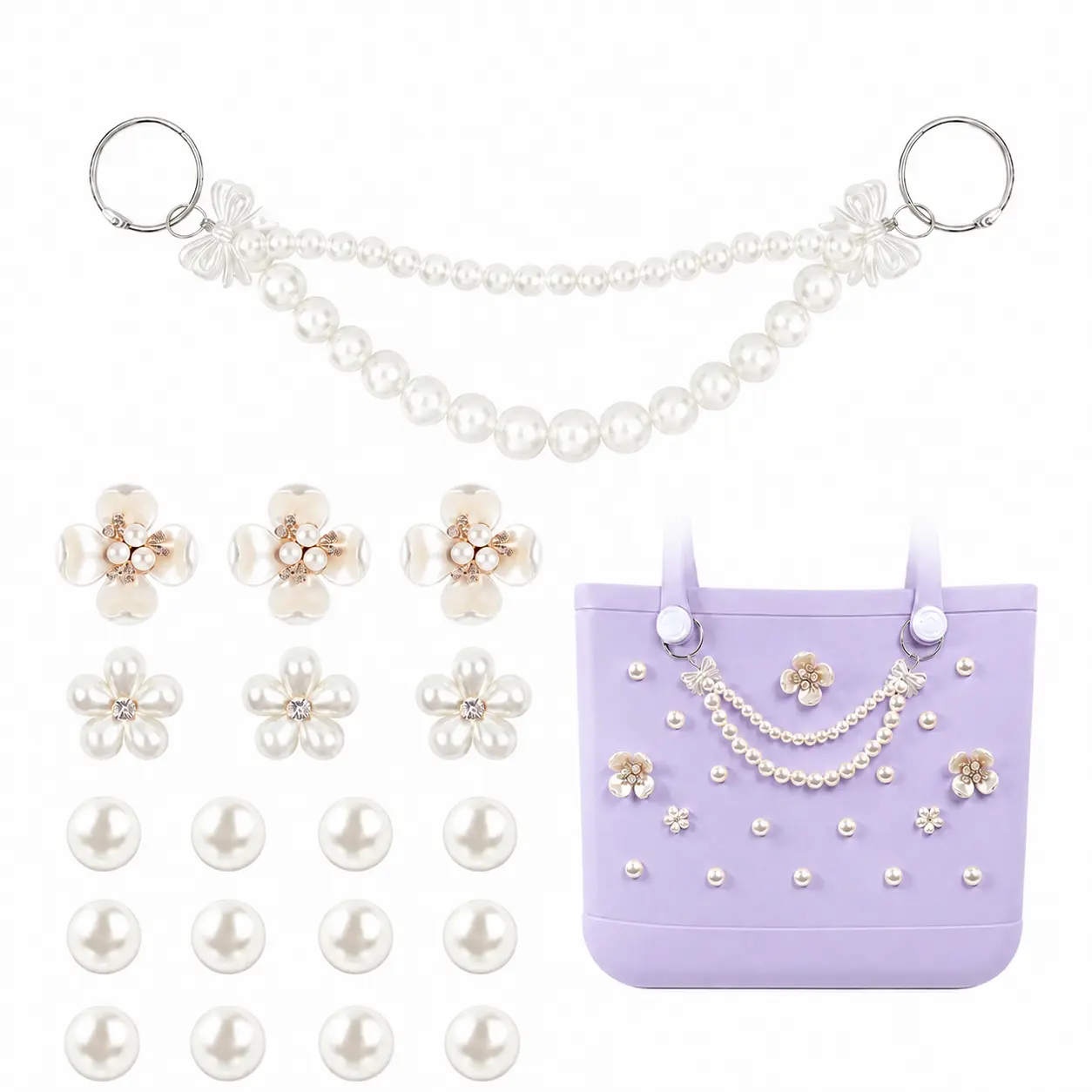 22 Pcs Flower Pearl Chain Charms for Bogg Bag, Decorative Beach Bag Accessories Inserts Compatible with Bogg Bag and Simply Modern Rubber Tote for Women