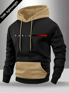 Men’s street-style hooded sweatshirt for spring and autumn featuring American niche lettering print, made from comfortable stretch fabric. Long-sleeve pullover hoodie with a unique design, solid color, drawstring hood, and kangaroo pocket—ideal for street