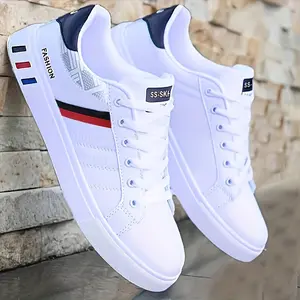 Men's Lace-up Skating Sneaker-White with Blue and Red Stripe Design, Breathable PU Upper, Durable PVC Shoe Sole, Comfortable Casual Shoes, Suitable for Casual Wear