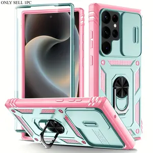 Phone Case: For Samsung S26 S25 S24FE S23FE S22 S21FE S20FE Ultra Plus A56 A55 A54 A36 A35 A34 A26 A25 A24 A16 A15 A13 A06 5G 4G anti-drop phone case with 360 degree rotating metal bracket, sliding lens cover protection and car wireless charging