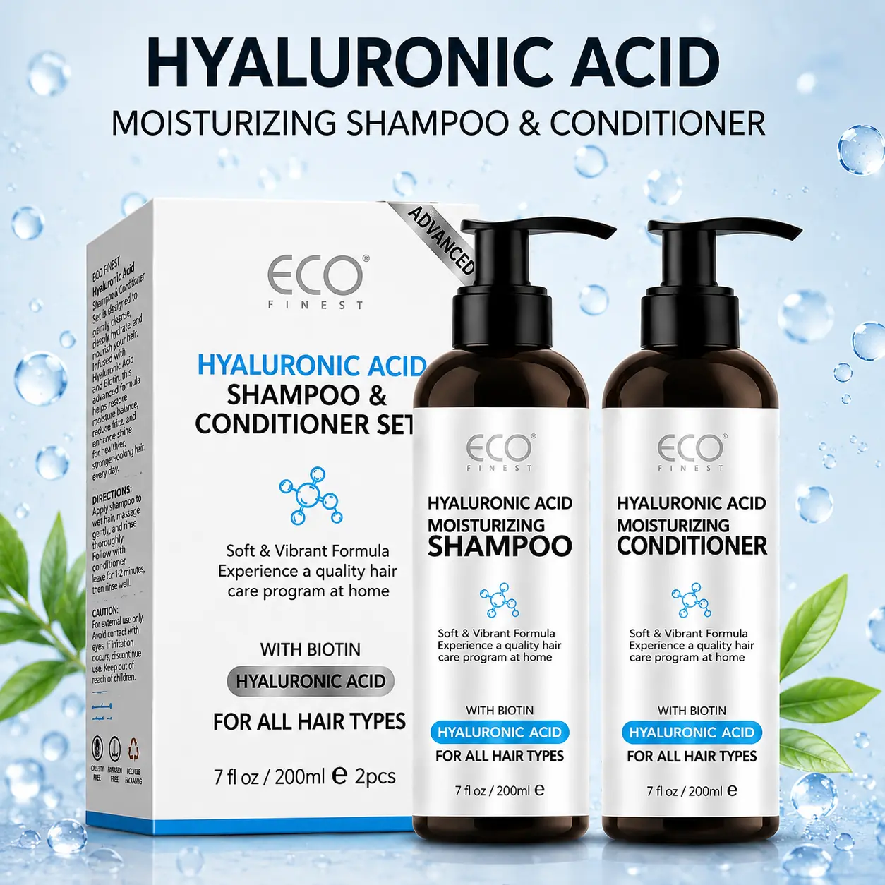ECO FINEST Hyaluronic Acid & Biotin Shampoo-Conditioner Set, 2 x 7 fl oz, Moisturizing Hair Care for Silky, Luminous Locks, All Hair Types
