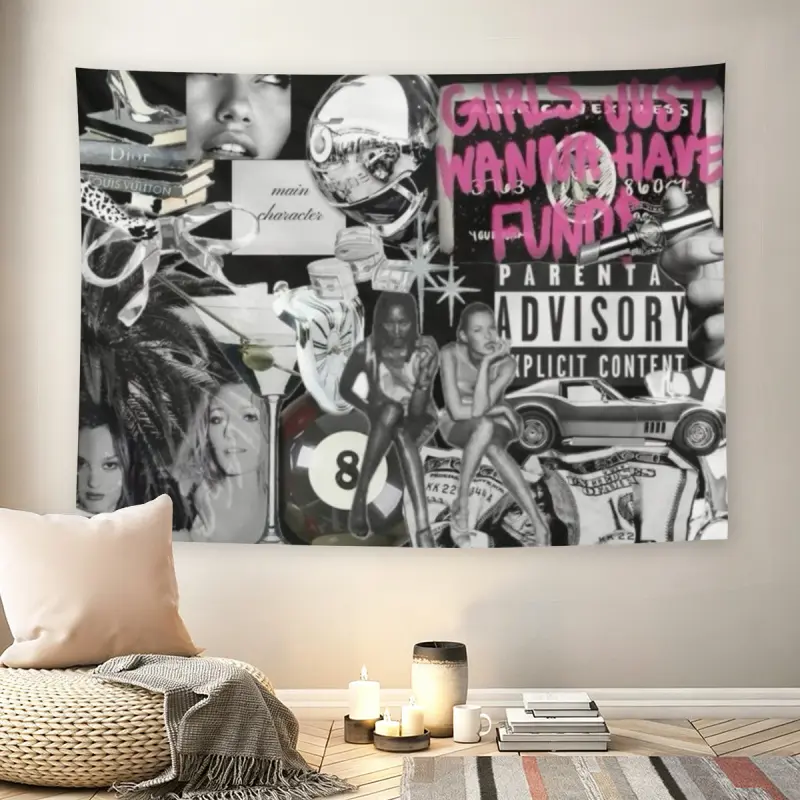 Girls Just Wanna Have Funds Pink Graffiti Wall Flag, Luxury Fashion Collage Tapestry, Mid-century Modern Y2K Room Decor for Adult Fans, Grunge Money & High Fashion Vibe Wall Hangingmusic comics wall flags custom tapestries