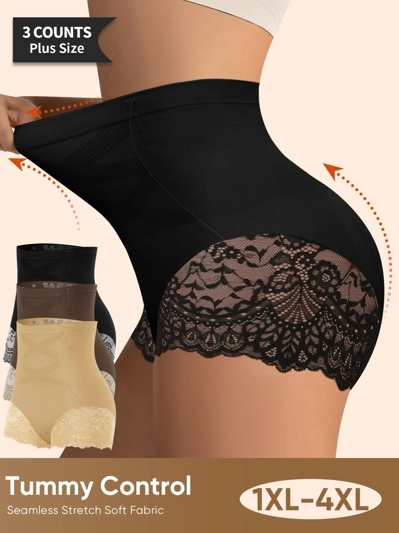 Morelect High-Waisted Lace Shapewear Panties, 3-Pack, Sizes 1xl-4xl, Tummy Control, Non-Rolled Edges, Sexy Lace Butt Lifting Underwear