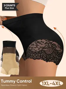 3-Pack High-Waisted Lace Shapewear Panties, 1xl-4xl, Strong Tummy Control, Non-Rolled Edges, Sexy Lace Butt Lifting Underwear