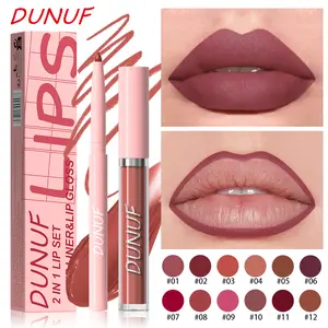 DUNUF Matte Long-Lasting Lip Gloss & Lip Liner Set, Waterproof and Sweatproof, Transfer-Proof, Velvet Matte Texture, Easy Color Payoff
