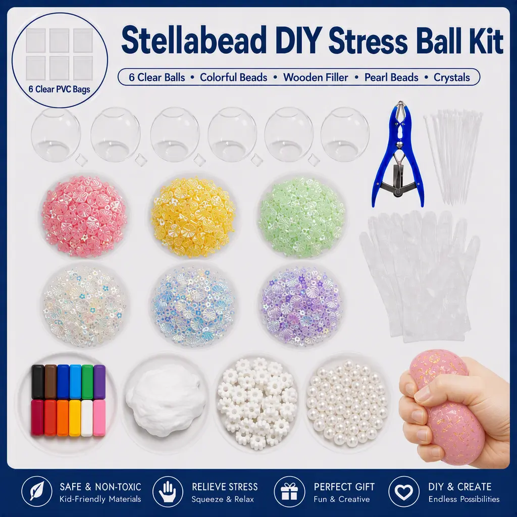 Stellabead DIY Stress Ball Making Kit Set 2 — Cloud & Shimmer Collection  Custom Squishy Craft Kit with Beads & Fillers, Creative Handmade Fidge - 6 Clear PVC Bags, Colorful Beads, Wooden Filler, Pearl Beads, Crystals, Safe & Non-Toxic