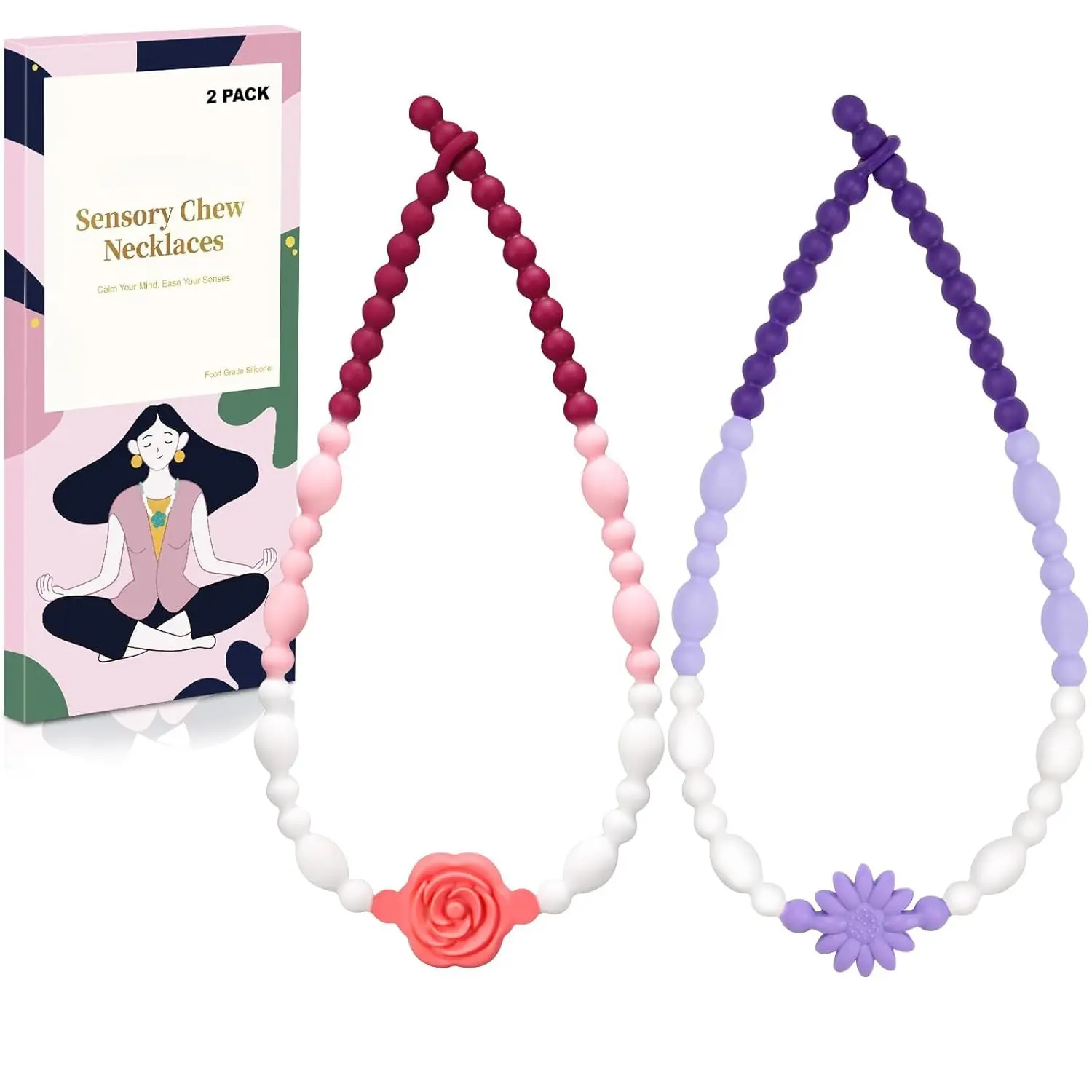 JNS8 Chew Necklaces for Sensory Kids Adults, Flower Chewy Necklace for Autism Nail Biting Anxiety, Fidget Necklace ADHD Tools for Boys Girls