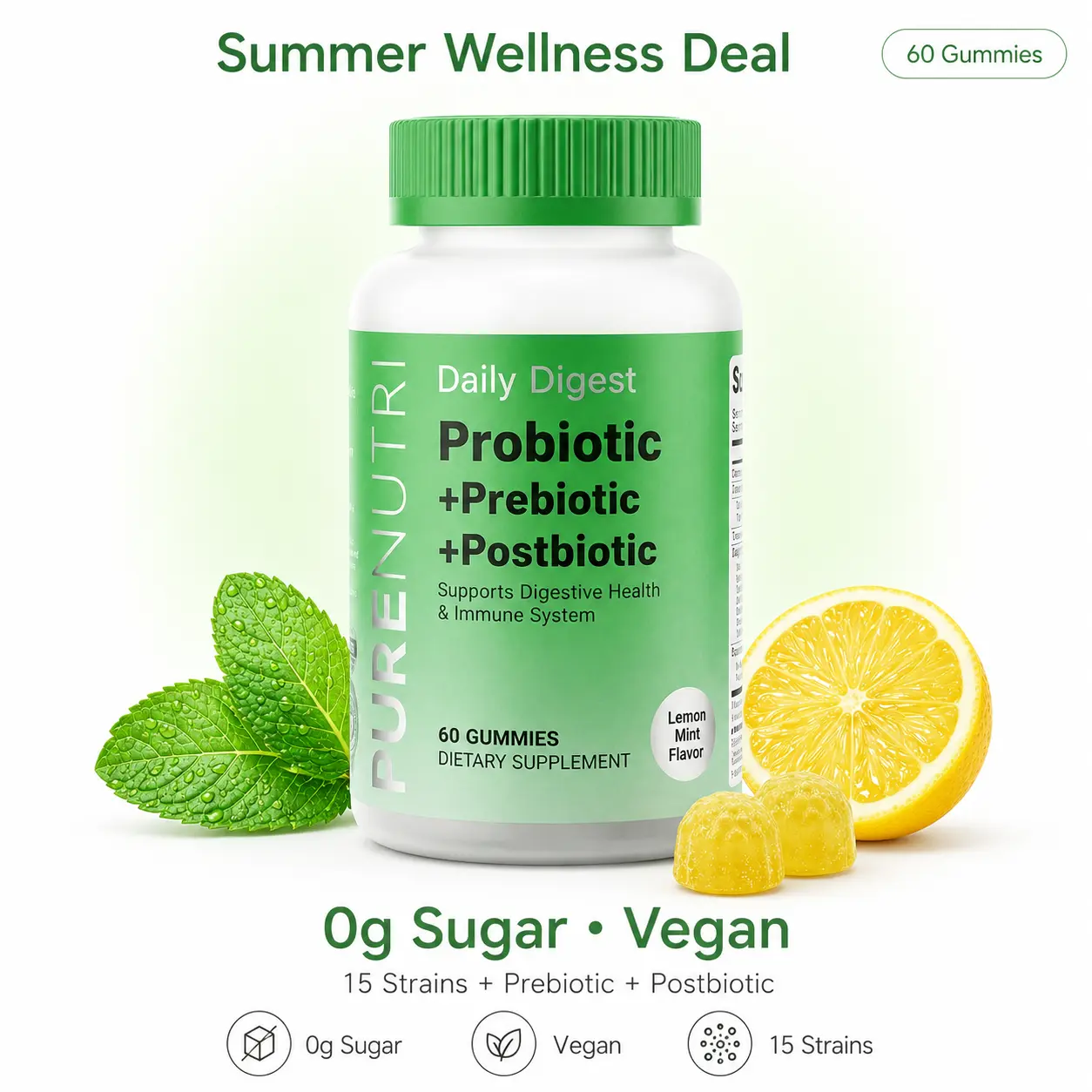 Chewable Probiotic Soft Sweets - 3-in-1 Clean Sugar-Free Vegan Dietary Supplement Gummies, 15 Strains Probiotic-Prebiotic-Postbiotic, Non-GMO Lemon Mint Flavor, 60 Count for Daily Gut Balance & Bloating Relief