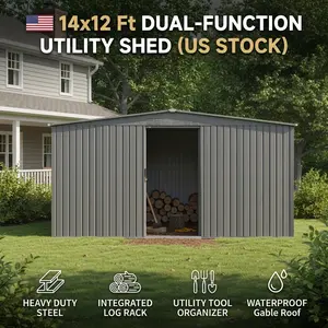 Outdoor Storage Shed 14x12 Ft Metal Shed with Firewood Storage Grey Dual Function Utility Garden Building for Winter Tool Organizer and Log Rack Heavy Duty Galvanized Steel Backyard Shelter Waterproof Gable Roof Kit