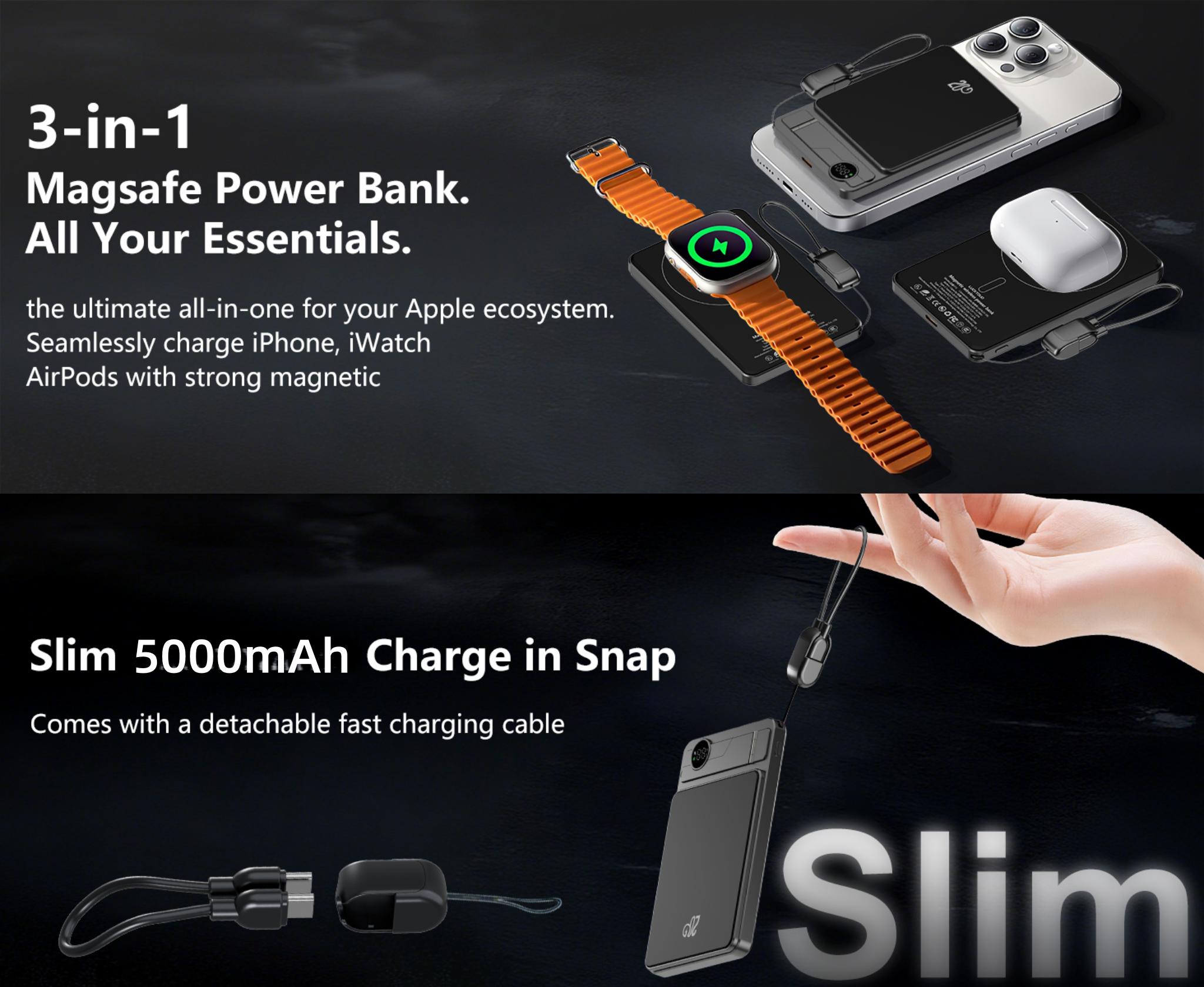 3 in 1 Magnetic Wireless Power Bank, Slim Magnetic Portable Charger with Foldable Stand & LED Display, PD 20W USB C Cable Magnetic Battery Pack for iPhone 17/Air/Pro/16/15/14/13 (5000mAh)