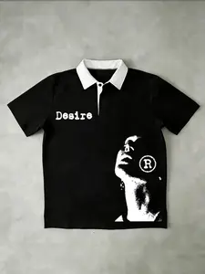 ERL Desire Printed Polo Shirt | Black White Contrast Collar | Premium Cotton Blend | Streetwear Y2K Aesthetic | Casual Daily Wear | Trendy Graphic Tee for TikTok Fashion Lovers | Desire Graphic Print| Retro 90s Style | Soft Breathable Fabric