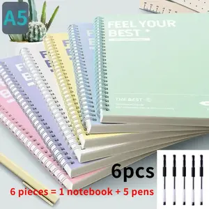 6-Piece Set Spiral Notebook & Pens, A5 Hard Cover, Tear-Off Pages, Lined/ruled Blocks, Durable Office Supplies, Perfect Christmas Gift, Office Stationery