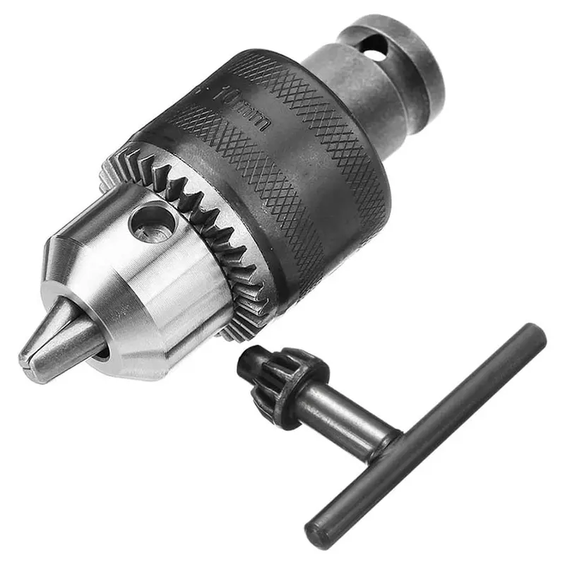 1 x Drill Chuck with Special Quenching Treated Key Parts, 1.5-10mm/1/16-3/8 Inch Capacity Metal Drill Chuck Wrench Converter for Work, 1 x 1/2-Inch Square Female Socket Adapter