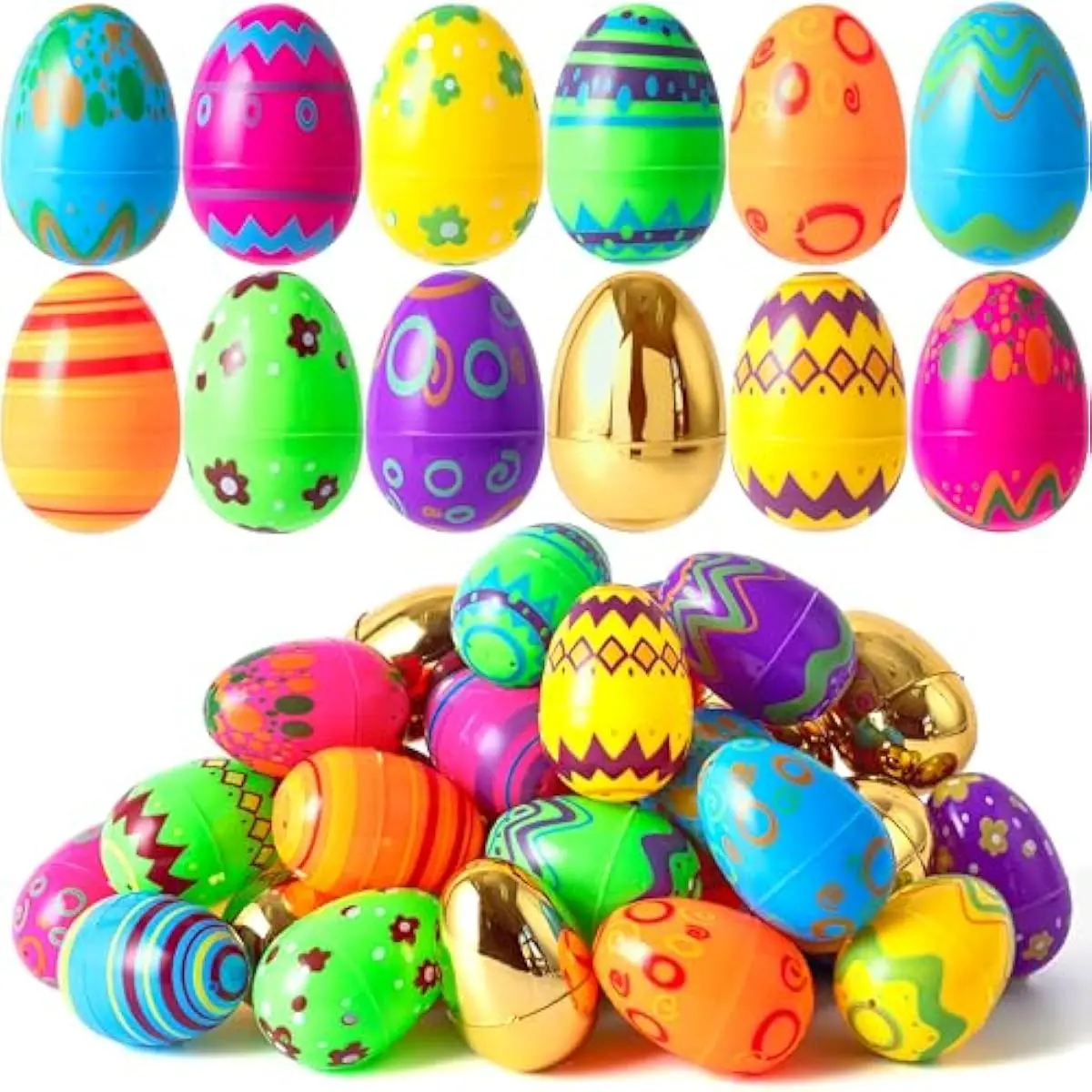 18 Pcs Printed Easter Eggs Include 8 Golden Eggs, 3.15" Colorful Plastic Easter Eggs, Fillable Empty Eggs for Easter Egg Hunt, Basket Stuffer Filler, Egg Toddler Gift