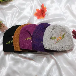 Hand Knitted Woolen Hat with Floral Embroidery,  Slouchy Hat, Fleece Lined Warm Beanie, Handmade Warm Winter Boho Hat, Gift For Her