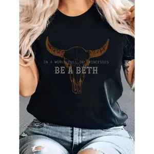 [Western-Inspired Casual Tee] 1pc Be A Beth Black Knit Western-Inspired Casual Tee - Bull Skull & Rifle Design, Round Neck, Regular Fit, Breathable for All-Season Comfort Top Womenswear Streetwear Crewneck