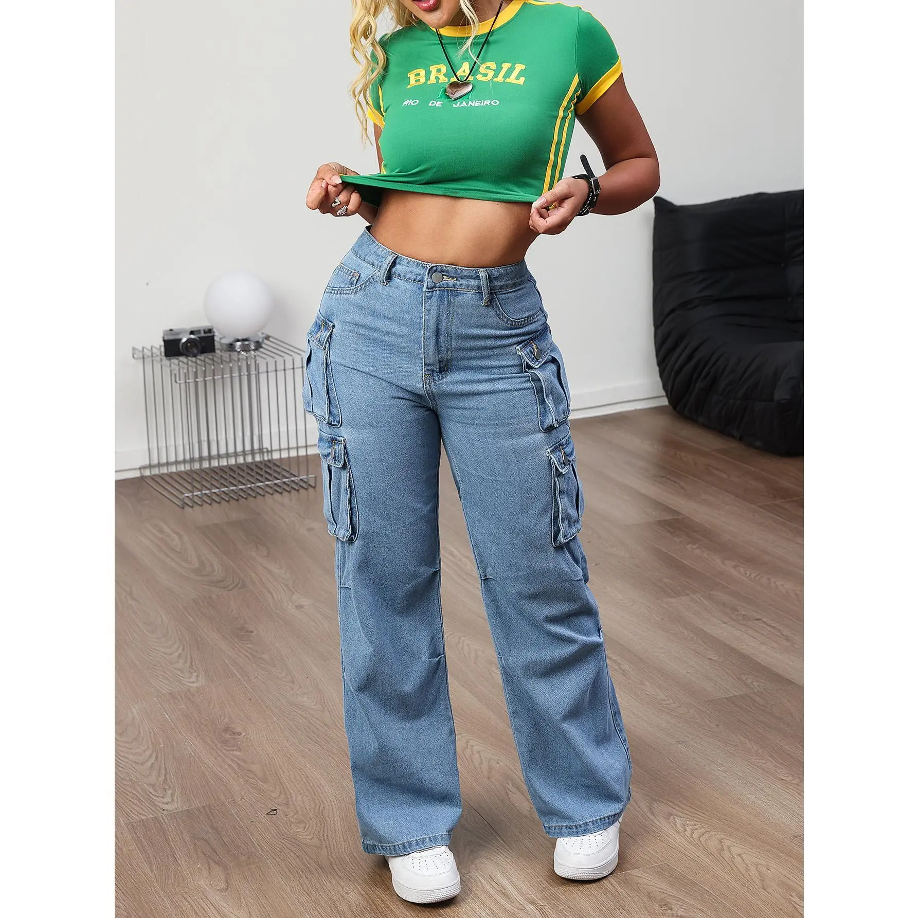 Women's Aesthetic Cargo Jeans, High-Waisted Wide Fit Hip Bottom in Light Wash Denim, Streetwear Style with Multiple Pockets, Minimalist, Storage Space, Wide Leg, All Seasons, High Waist, Utilitarian Look Womenswear Basic, Denim Fabric, Below The Ankle