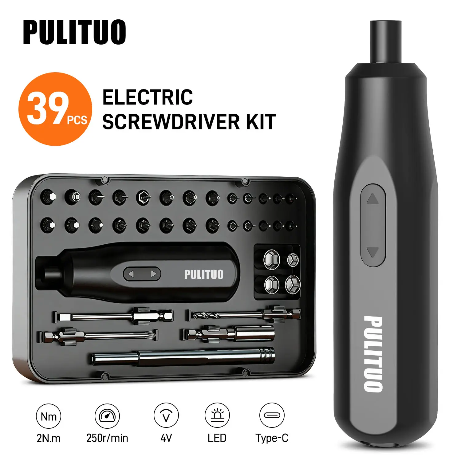 Pulituo 39-Piece Multifunctional Electric Screwdriver Set - 3.7V Built-In Battery, 0-5W Power, USB-C Rechargeable, USB Port, LED Light, Strong Magnetism, Handheld Grip, Precise Portable Power Tool for DIY