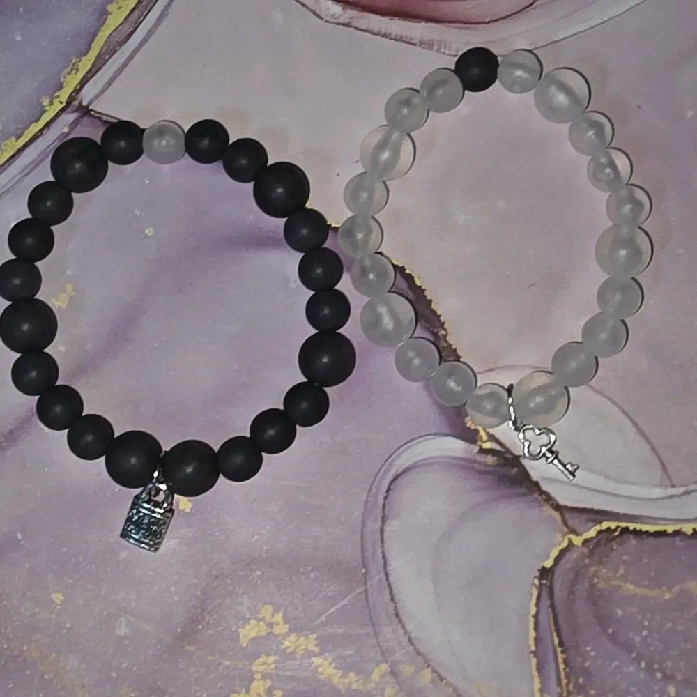 Couples Bracelets with Lock and Key - Black and White Beaded Design for Pairing
