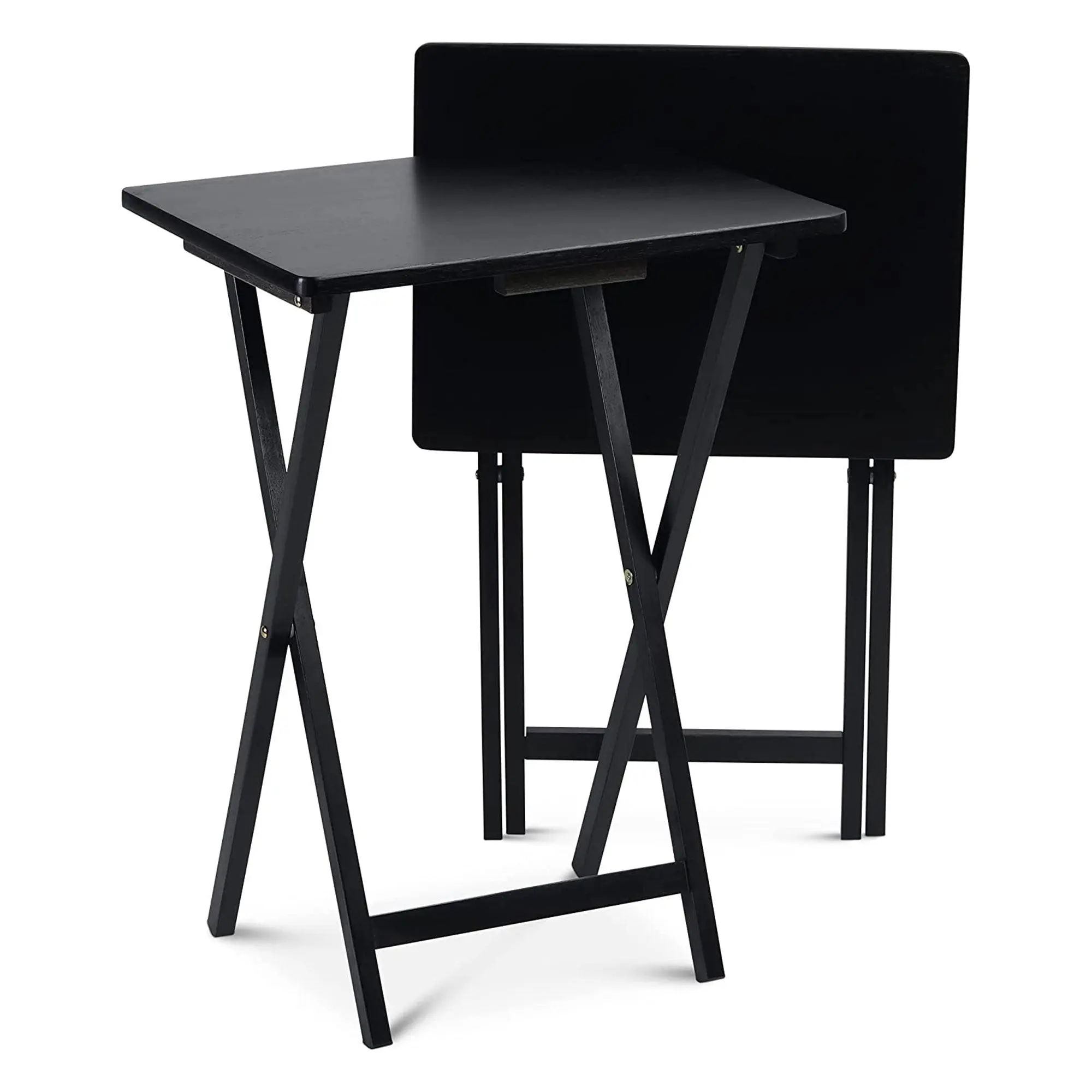 PJ Wood Black Folding TV Tray Tables 2-Piece Set 19x14.57x25.98 Inches Durable Solid Wood Snack Tables for Dining or TV Viewing