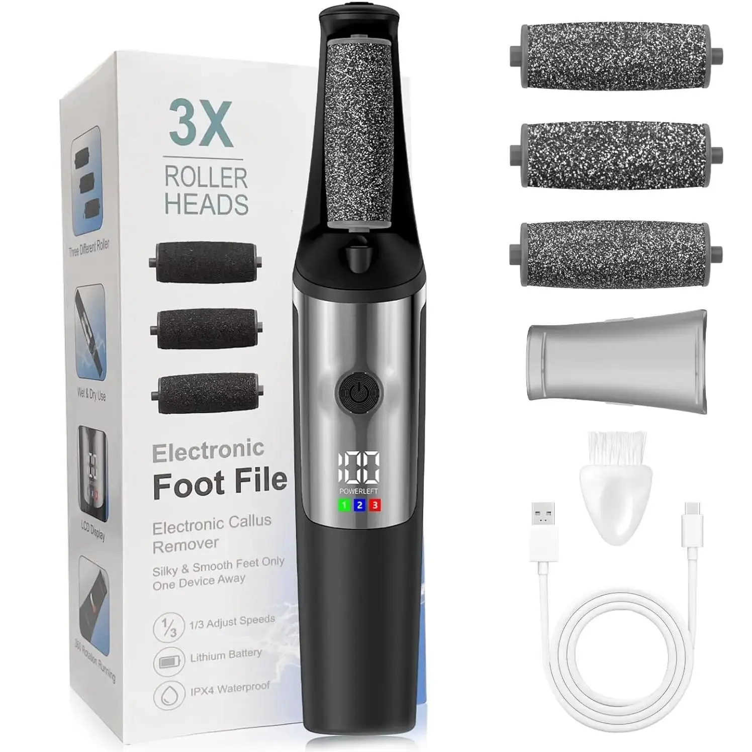 Electric Foot File Machine, USB Rechargeable Callus Remover Feet, Portable Lightweight Compact Pedicure Tool for Dry Cracked Hard Skin Care, Foot Care Product, Men & Women, Effective Exfoliation, Rechargeable Pedicure Tools