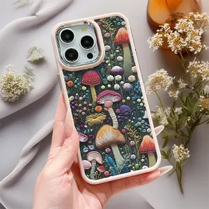 Metal Frame iPhone Case with Full-Screen Mushroom Pattern, Soft TPU Protective Anti-Shock Design for iPhone Models 11-16 Pro Max, Shockproof Protection, Durable Cover
