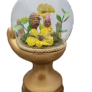 Gnome Dome Homes - Yellow Gnome with Flowers & Honeycomb on ceramic Base for Good Luck & Prosperity in Entryway