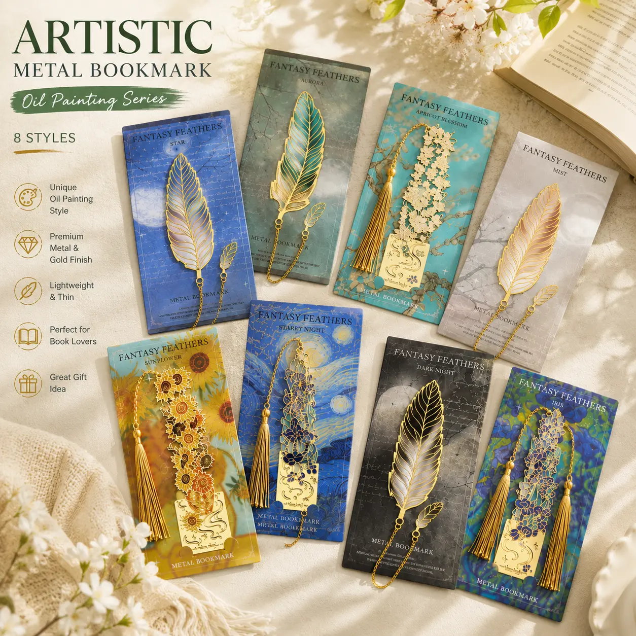 Metal Feather Bookmark with Tassel, Vintage Oil Painting Book Mark, Elegant Gold Reading Accessories, Unique Gift for Book Lovers, Readers, Women, Students & Teachers