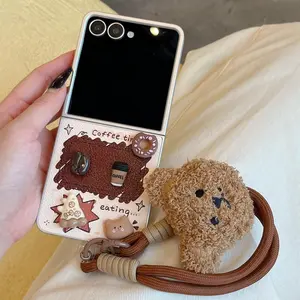 Cute Coffee Doughnut Case For Samsung Galaxy Z Flip 7 Bear Wrist Strap Cover For Samsung Z Flip 6 zflip5 zflip4 3 Leather Cases