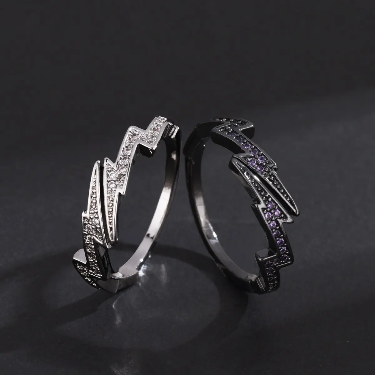 Adjustable Lightning Zircon Ring, Stainless Steel Punk Jewelry for Women Men, Comfort Fit Daily Wear Gift Idea