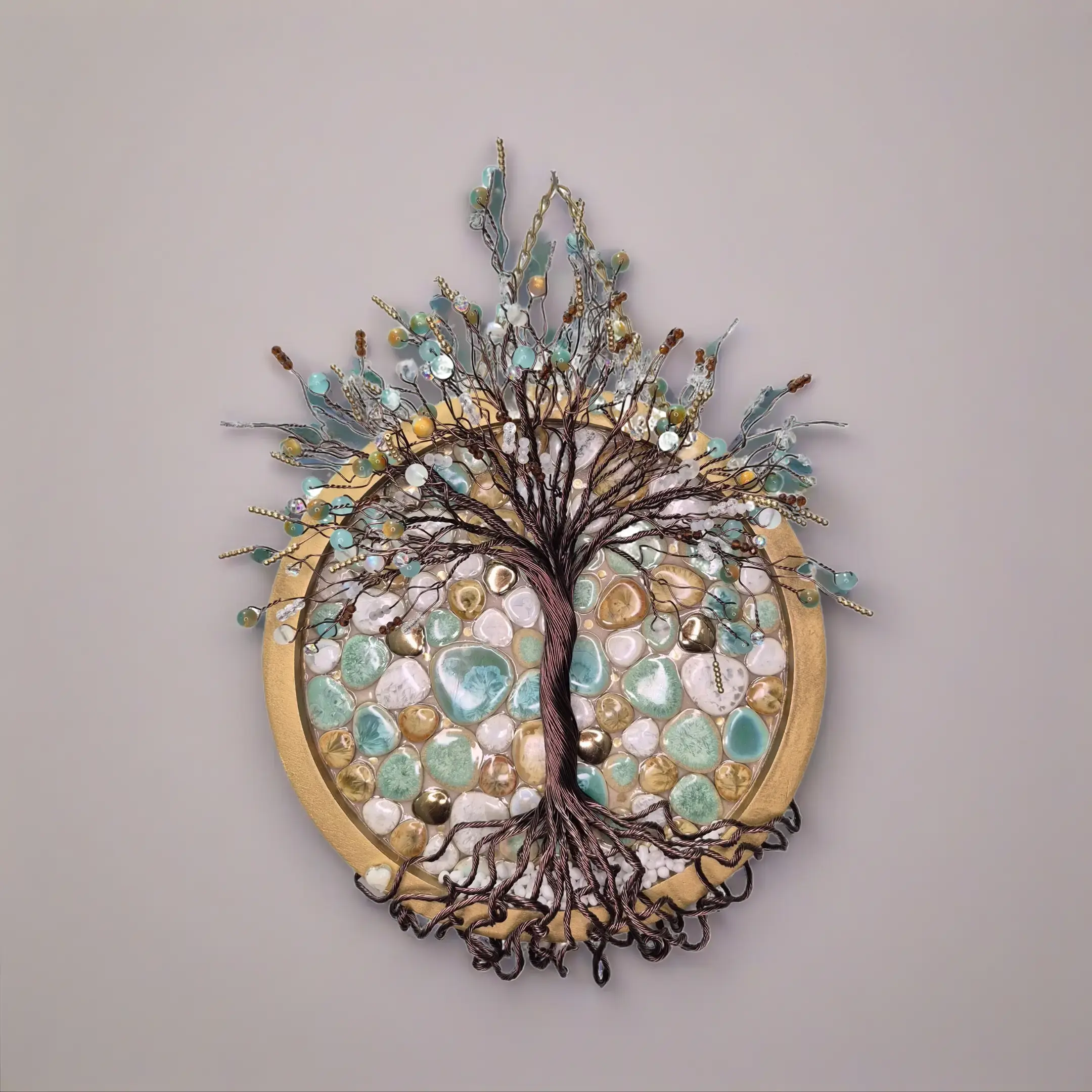 Sea Glass Sanctuary Tree of Life Wall Decor, Aqua Gold Mosaic Wire Tree, Coastal Wall Art, Handmade Mixed Media Sculpture