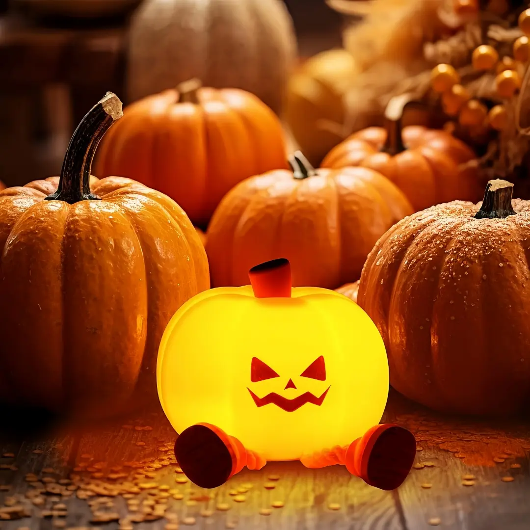 Silicone Pumpkin LED Night Light - Dimmable Rechargeable Touch Lamp, Halloween Stuff, Pumpkin Decor, Nursery Dim Light, Dimmable Glow for Calm Bedtime, Fun Halloween Gift Idea for Kids & Women, Silicone Body Feels Safe