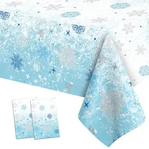 2 PCS Plastic Snowflake Tablecloth Frozen Birthday Winter Wonderland Decorations Disposable Table Cover Tablecloths for Christmas Holiday New Year Party Favors Supplies Decor