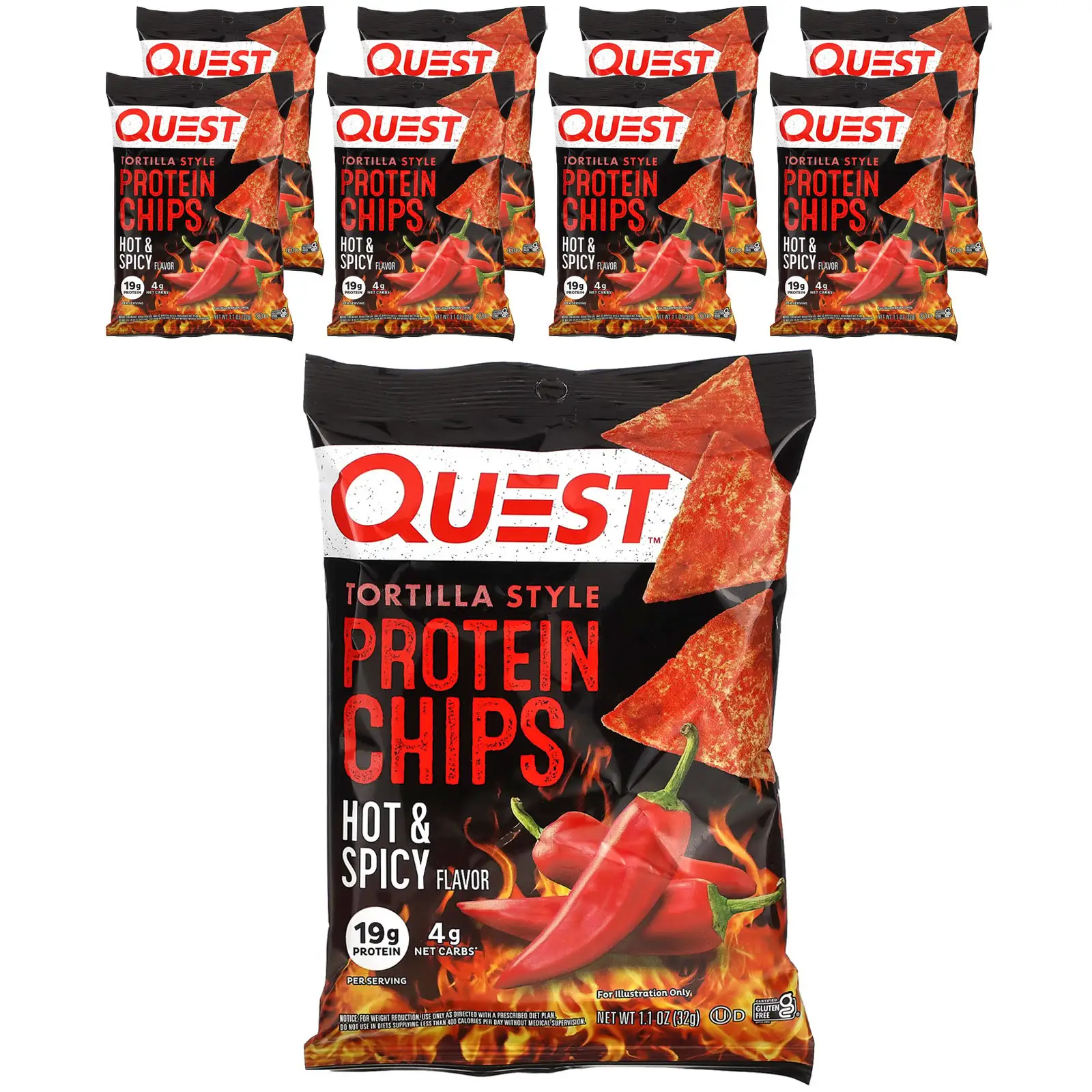 Quest Nutrition Tortilla Style Protein Chips, Hot & Spicy, 8 Bags, 1.1 oz (32 g) Each