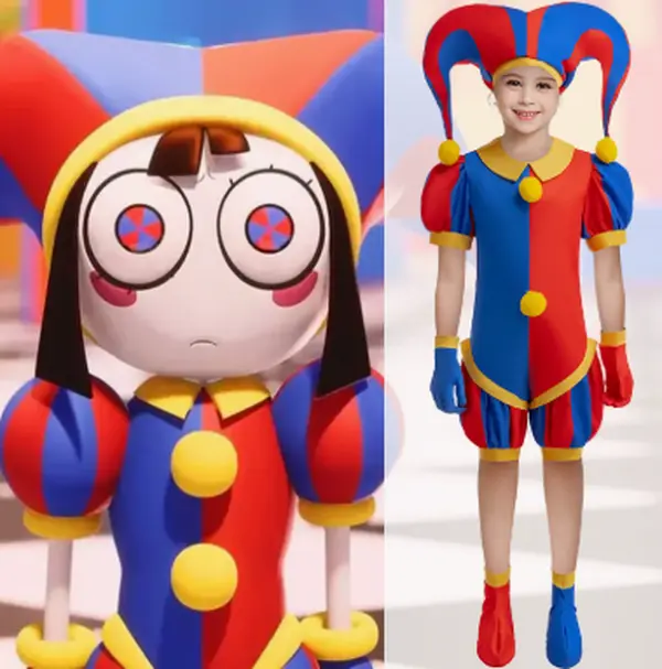 Kids Pomni Cosplay Jumpsuit, The Amazing Digital Circus Costume, Red Blue Color Block Puff Short Sleeve Outfit, Children Halloween Carnival Stage Performance Party Costume